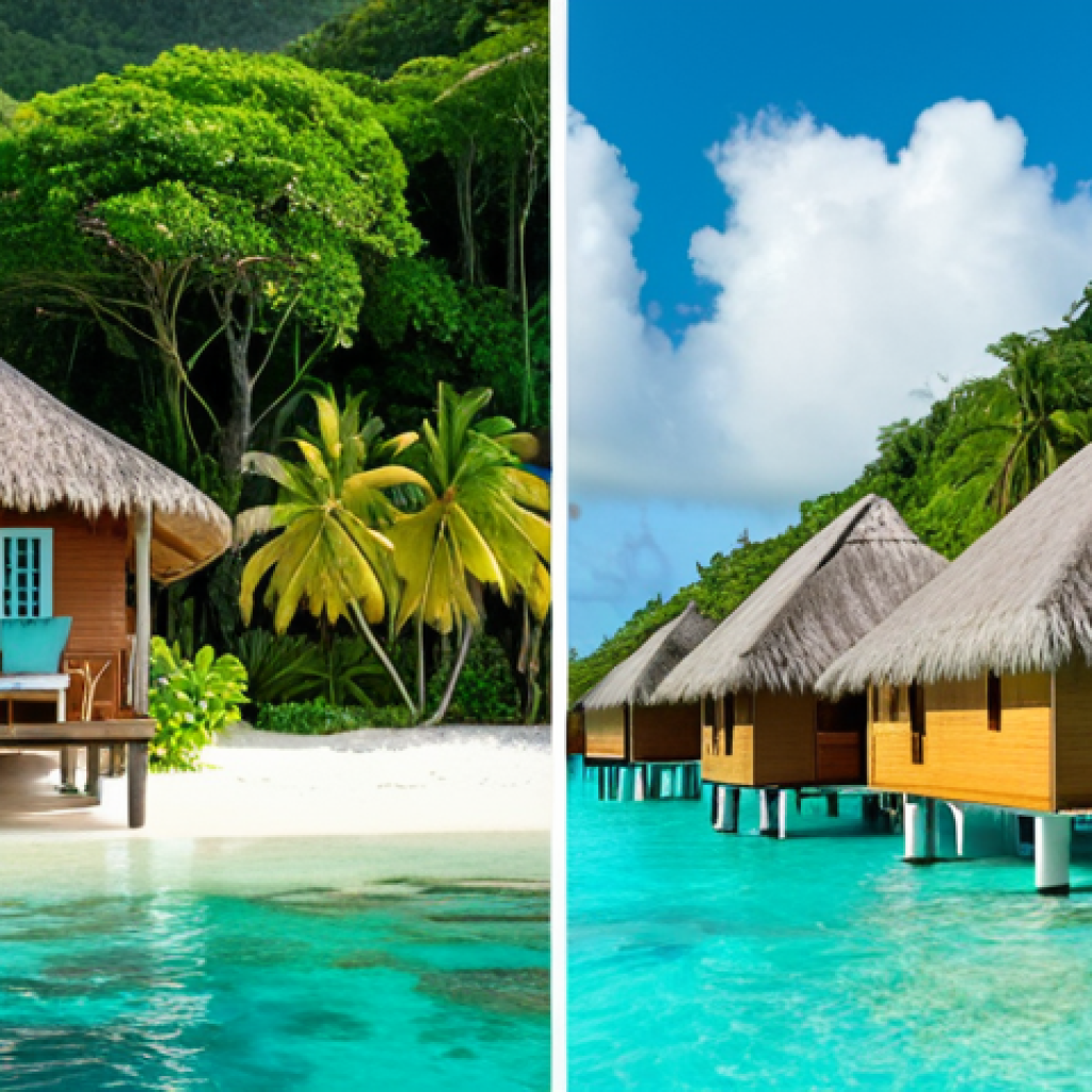 A split image showcasing contrasting accommodation options in St. Lucia. On the left, a luxurious overwater bungalow at a five-star resort with crystal-clear turquoise waters. On the right, a cozy, colorful Airbnb with a local St. Lucian design, surrounded by lush greenery. The image aims to capture the choice between luxury and budget-friendly lodging.