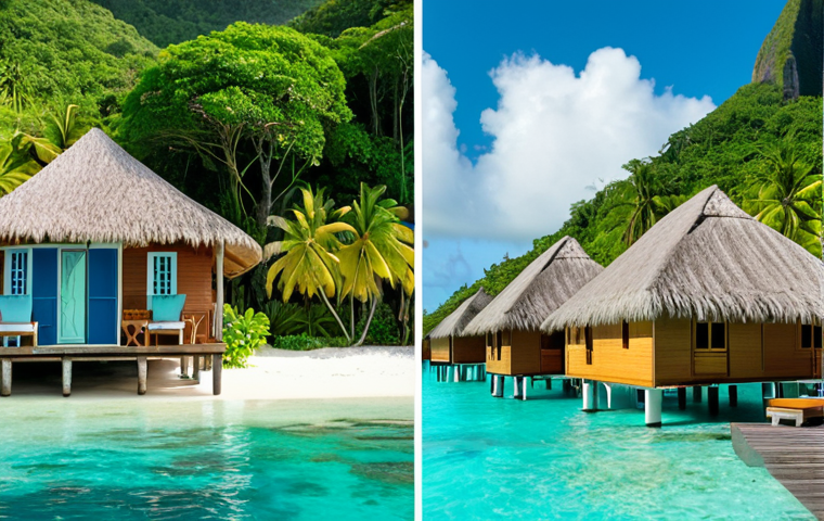 A split image showcasing contrasting accommodation options in St. Lucia. On the left, a luxurious overwater bungalow at a five-star resort with crystal-clear turquoise waters. On the right, a cozy, colorful Airbnb with a local St. Lucian design, surrounded by lush greenery. The image aims to capture the choice between luxury and budget-friendly lodging.