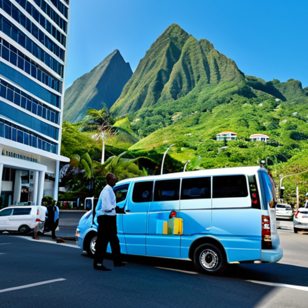 Modern St. Lucia Financial District**
"A bustling modern financial district in St. Lucia, with contemporary office buildings set against a backdrop of the Pitons mountains and the Caribbean Sea. Professionals in modest business attire are seen entering and exiting buildings. The scene conveys innovation and stability. Clear blue sky, sunny day. safe for work, appropriate content, fully clothed, professional, perfect anatomy, natural proportions, high resolution."
**
