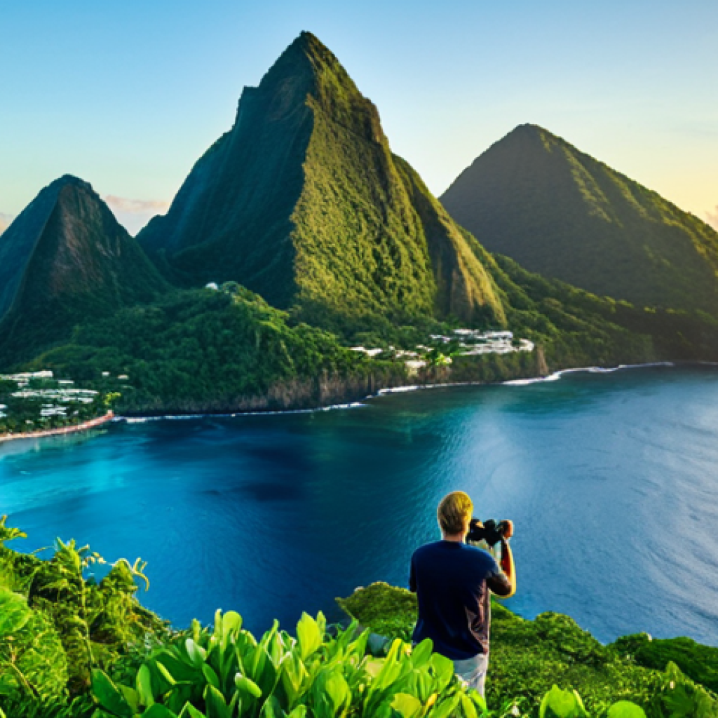 **
"A professional travel photographer capturing the majestic Pitons of Saint Lucia at sunrise, viewed from a safe distance. Lush green vegetation in the foreground, clear blue Caribbean sea. Fully clothed photographer with professional equipment. Safe for work, appropriate content, perfect anatomy, natural proportions, professional, modest, family-friendly."
**