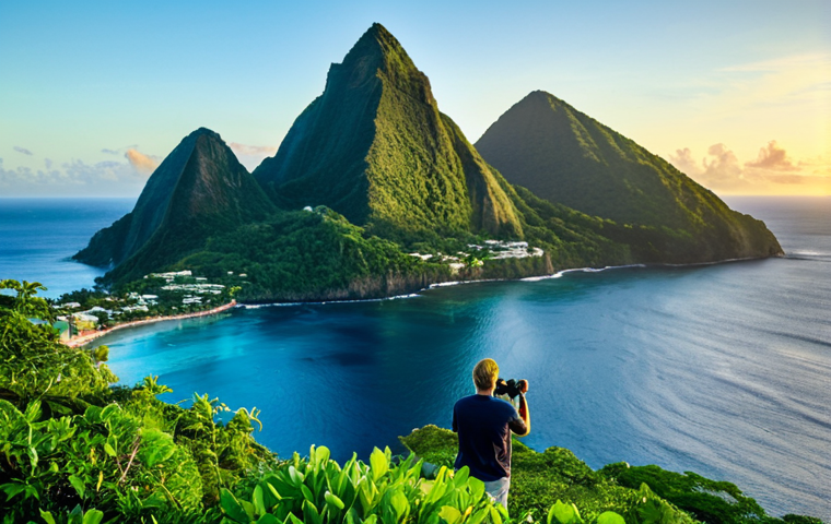 **

"A professional travel photographer capturing the majestic Pitons of Saint Lucia at sunrise, viewed from a safe distance. Lush green vegetation in the foreground, clear blue Caribbean sea. Fully clothed photographer with professional equipment. Safe for work, appropriate content, perfect anatomy, natural proportions, professional, modest, family-friendly."

**