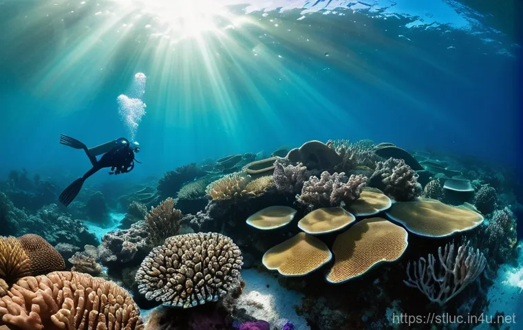 세인트루시아 해양 보호 구역 - **Prompt 1:** A vibrant underwater scene in Saint Lucia's Soufriere Marine Management Area. Crystal-...