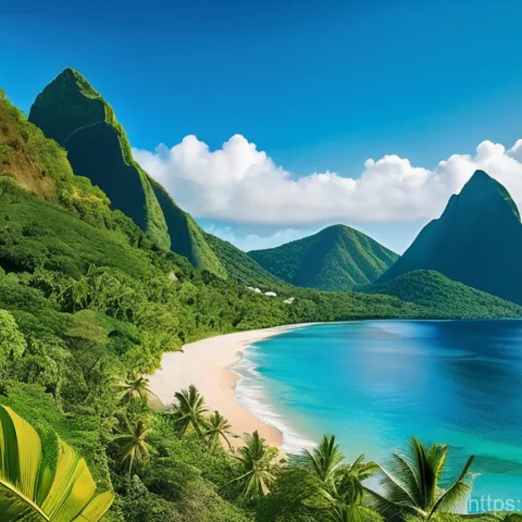 세인트루시아 크루즈 여행 - A breathtaking panoramic view of Saint Lucia, showcasing the majestic Gros Piton and Petit Piton mou...