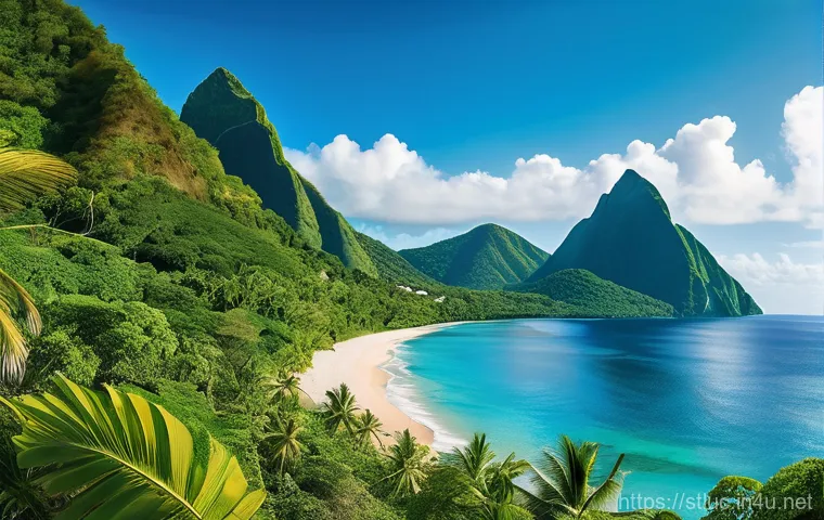 세인트루시아 크루즈 여행 - A breathtaking panoramic view of Saint Lucia, showcasing the majestic Gros Piton and Petit Piton mou...