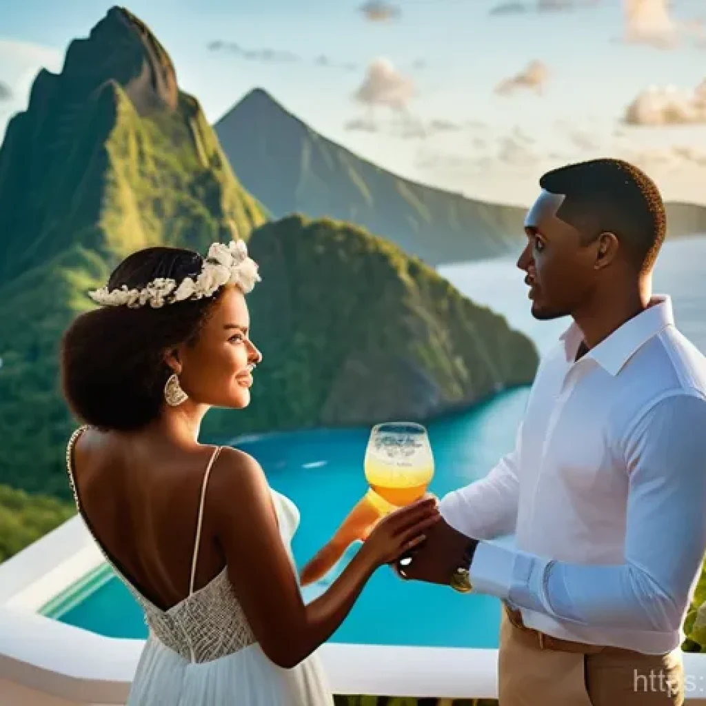 세인트루시아 신혼여행 코스 - **Majestic Pitons and Luxury Resort Romance:** A luxurious honeymoon couple in St. Lucia. An aerial ...