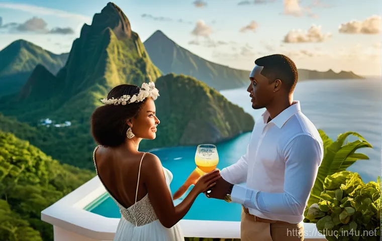 세인트루시아 신혼여행 코스 - **Majestic Pitons and Luxury Resort Romance:** A luxurious honeymoon couple in St. Lucia. An aerial ...