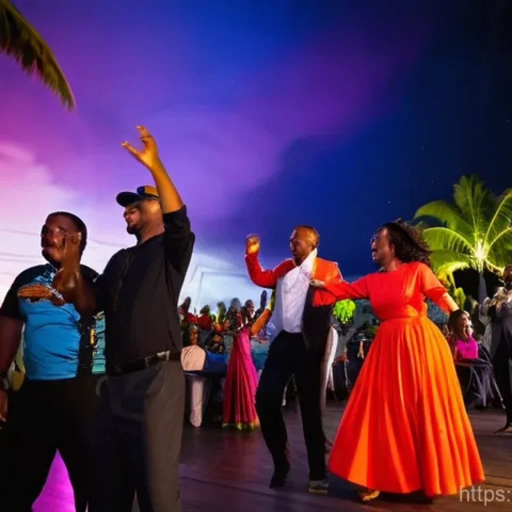 세인트루시아 음악 장르 - **Saint Lucia Jazz & Arts Festival - Vibrant Night Performance:**
"A wide-angle shot of a lively...