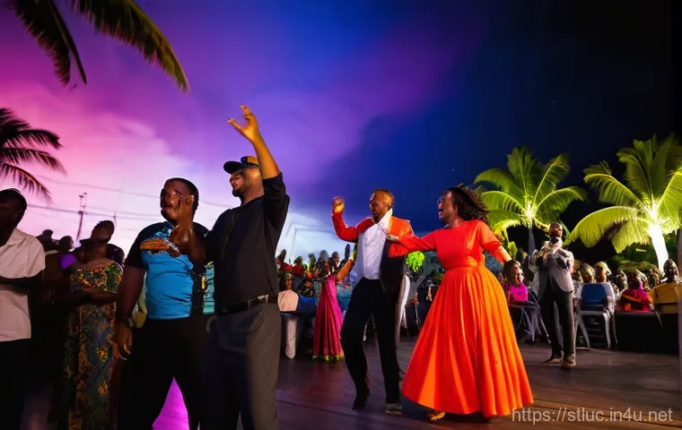 세인트루시아 음악 장르 - **Saint Lucia Jazz & Arts Festival - Vibrant Night Performance:**
    "A wide-angle shot of a lively...