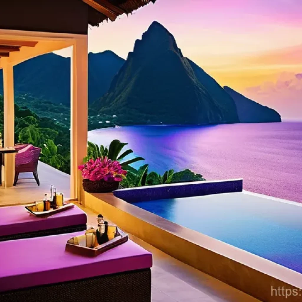 세인트루시아 럭셔리 호텔 - **A luxurious resort suite overlooking the iconic Piton mountains and the emerald Caribbean Sea at s...