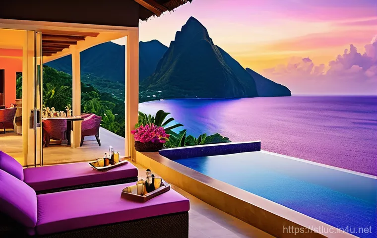 세인트루시아 럭셔리 호텔 - **A luxurious resort suite overlooking the iconic Piton mountains and the emerald Caribbean Sea at s...