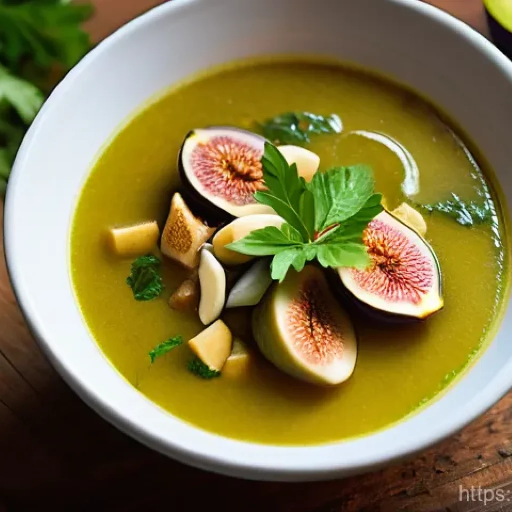 세인트루시아 음식 추천 - A close-up, high-angle shot of a steaming bowl of traditional St. Lucian Green Fig Soup on a rustic ...