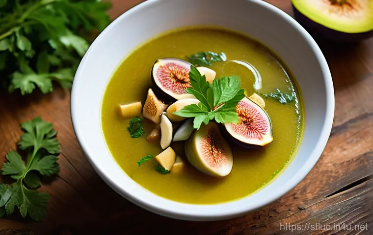 세인트루시아 음식 추천 - A close-up, high-angle shot of a steaming bowl of traditional St. Lucian Green Fig Soup on a rustic ...