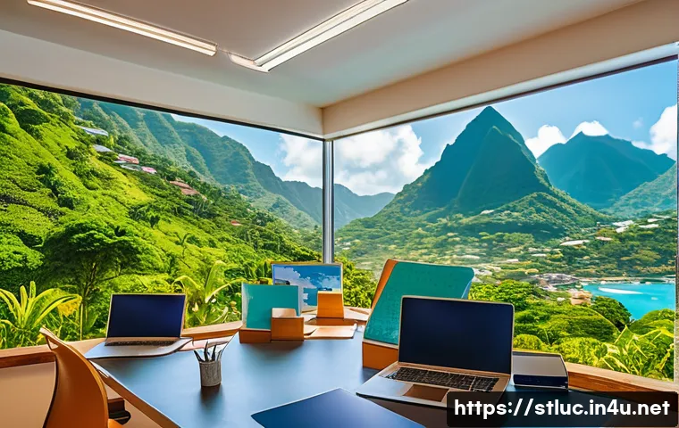 세인트루시아의 신생 기업 스타트업 - A vibrant and modern co-working space in St. Lucia. Young, diverse entrepreneurs are actively collab...