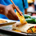 Home 21 세인트루시아 로티 - A vibrant street food scene in Saint Lucia featuring a freshly made chicken roti wrapped in a thin, ...