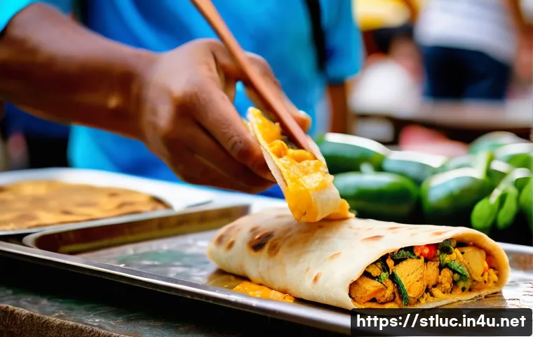 세인트루시아 로티 - A vibrant street food scene in Saint Lucia featuring a freshly made chicken roti wrapped in a thin, ...