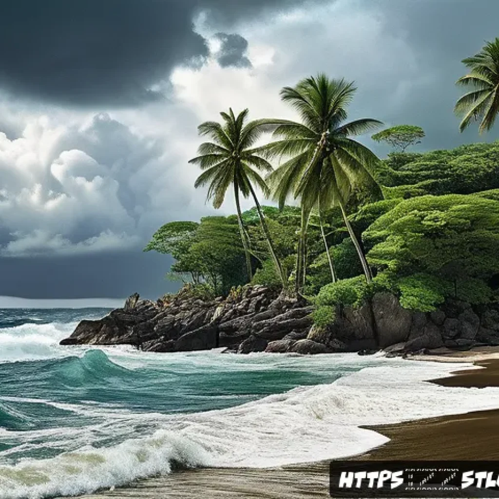 세인트루시아 출신 작가 - A vibrant Caribbean coastal landscape inspired by Derek Walcott’s literary imagery: lush tropical fo...