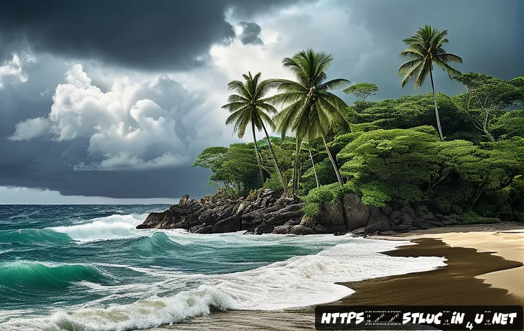 세인트루시아 출신 작가 - A vibrant Caribbean coastal landscape inspired by Derek Walcott’s literary imagery: lush tropical fo...