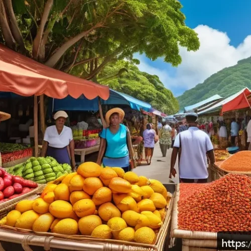 Home 30 세인트루시아 면세 쇼핑 - A vibrant Caribbean market scene in Saint Lucia featuring colorful stalls filled with fresh tropical...