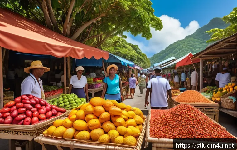 세인트루시아 면세 쇼핑 - A vibrant Caribbean market scene in Saint Lucia featuring colorful stalls filled with fresh tropical...