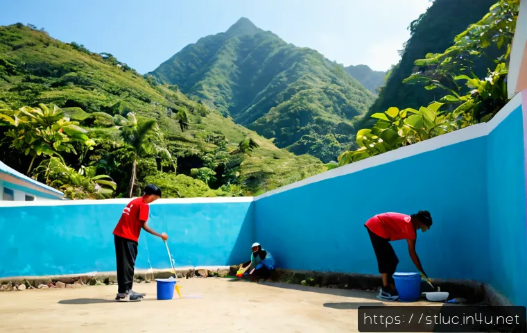 Home 17 세인트루시아에서의 봉사활동 - Photorealistic community volunteer project in Saint Lucia, diverse adult volunteers in modest casual...